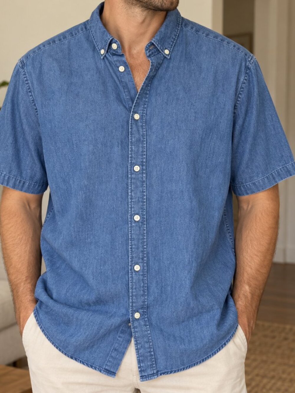 H&M Men’s XL Blue Chambray Denim Short Sleeve Button-Up Shirt
